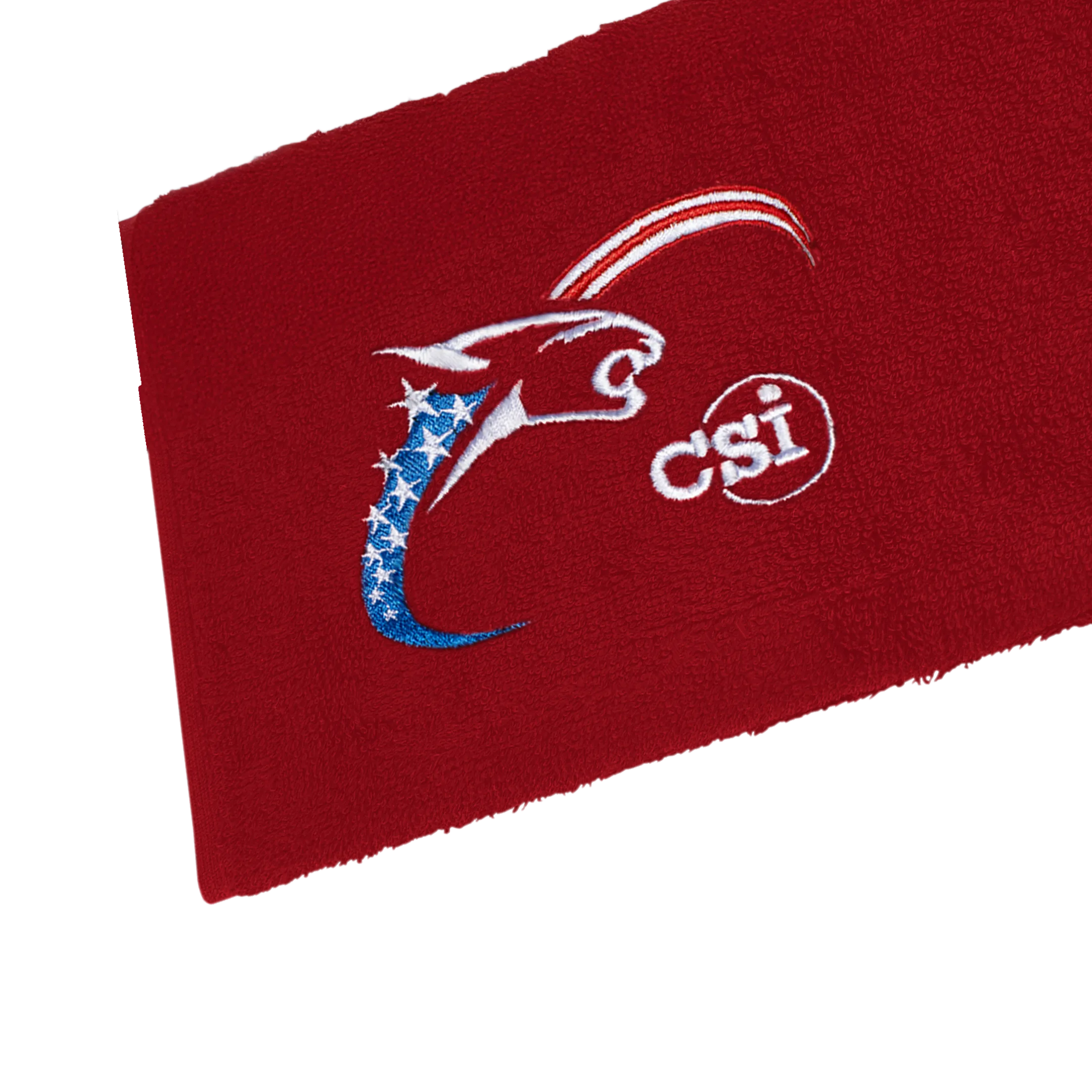 Red towel with embroidered cat head logo and 'CSI' text on a white background.