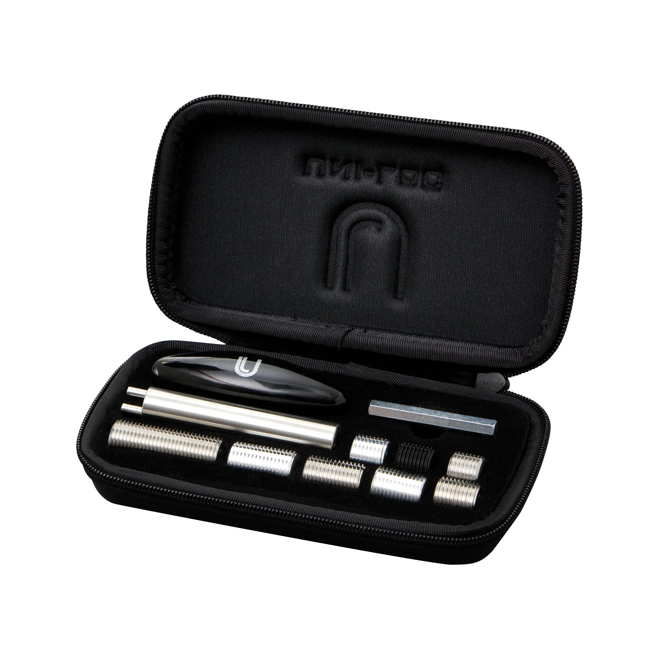 Black rectangular zippered case, open to reveal metal weight bolts.