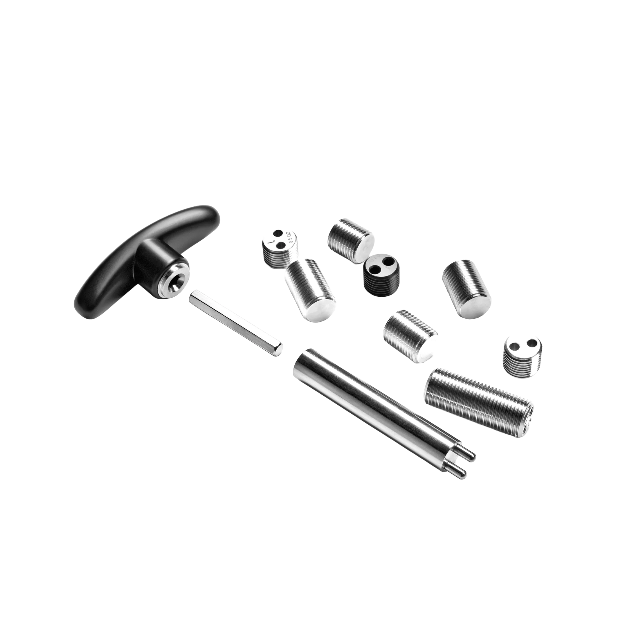 Set of metal tools and components on a white background.