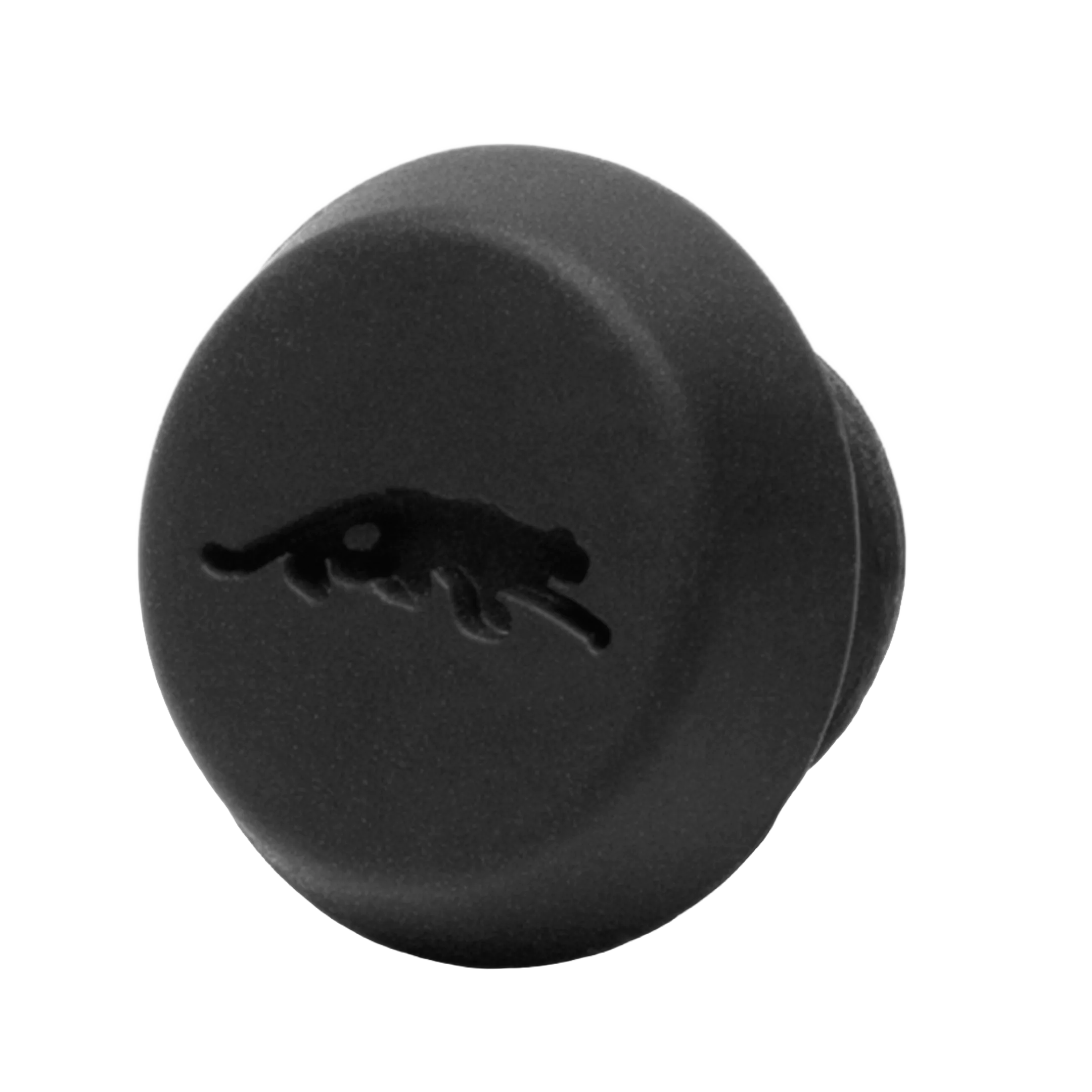 Black pool cue bumper with cat logo on white background.