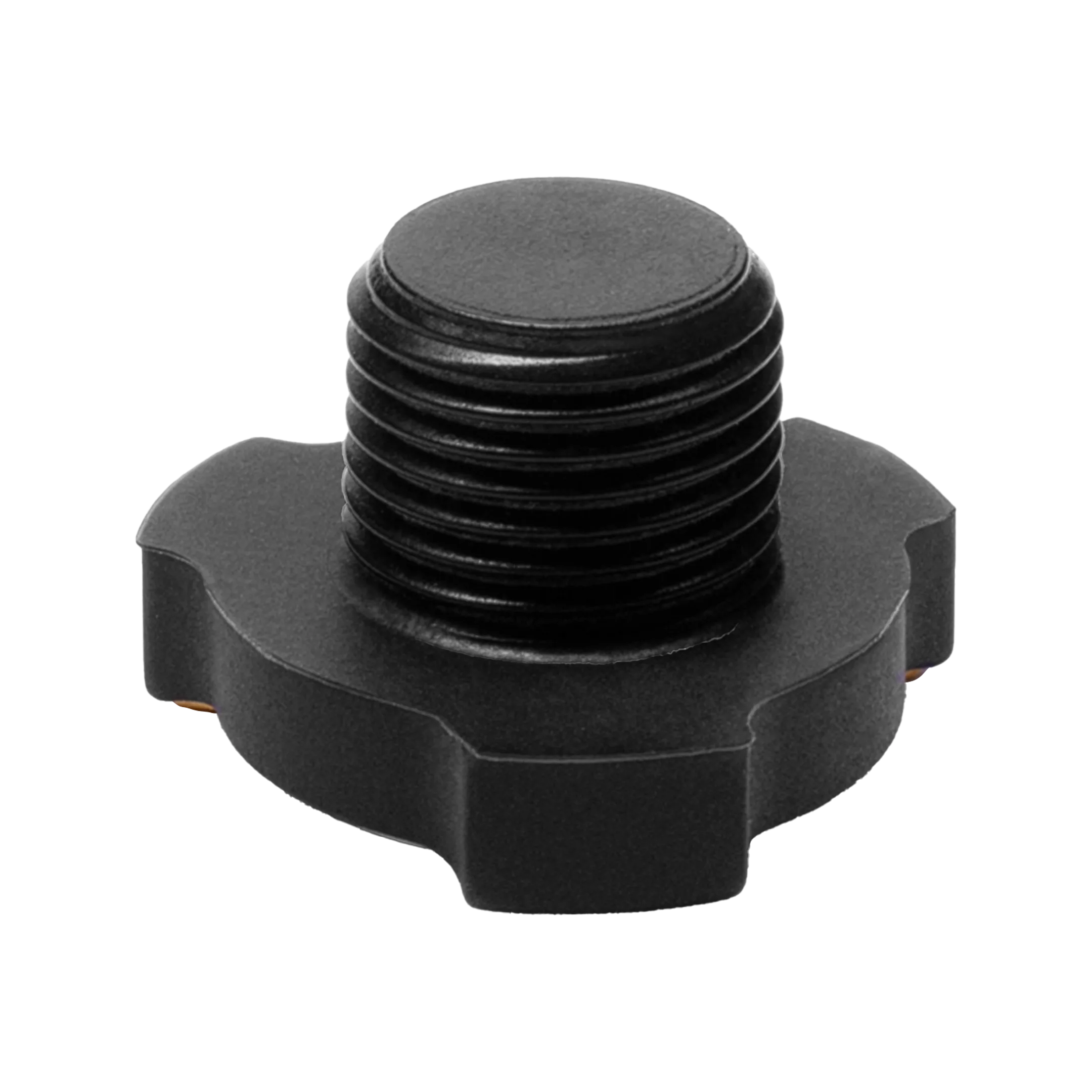 Black threaded knob on a white background.