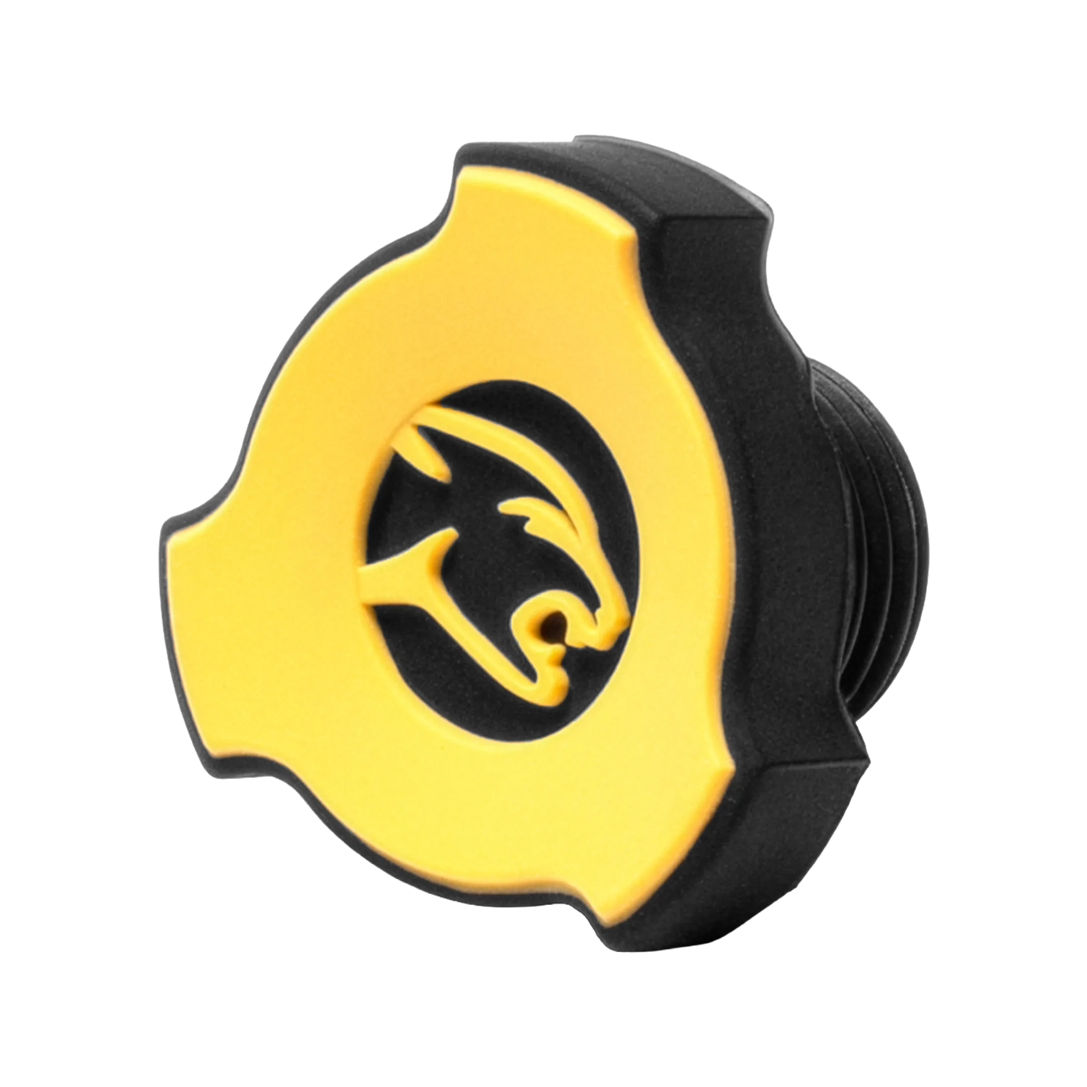Yellow and black three-pointed pool cue bumper with circular cat head logo on white background.