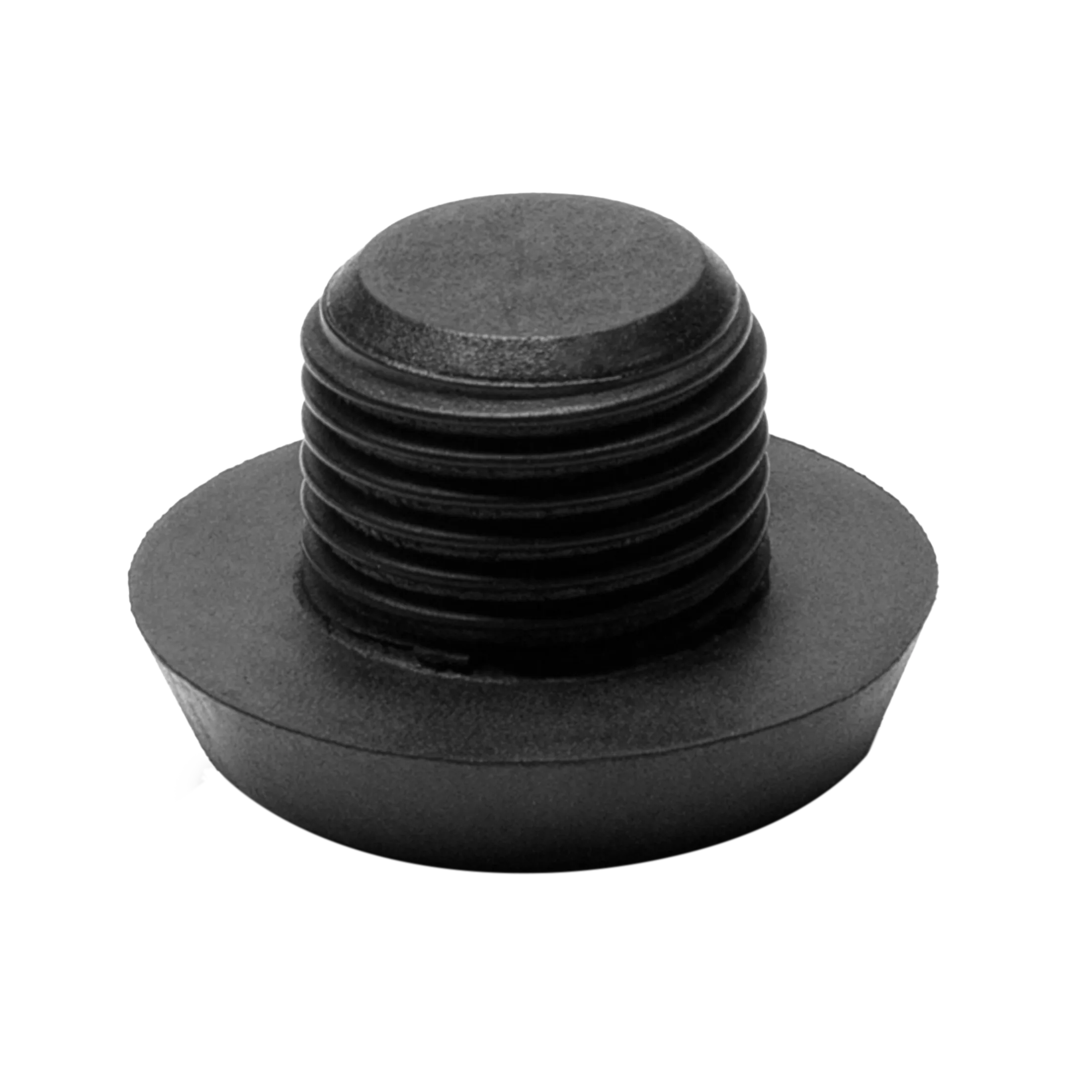 Black threaded pool cue bumper on white background.