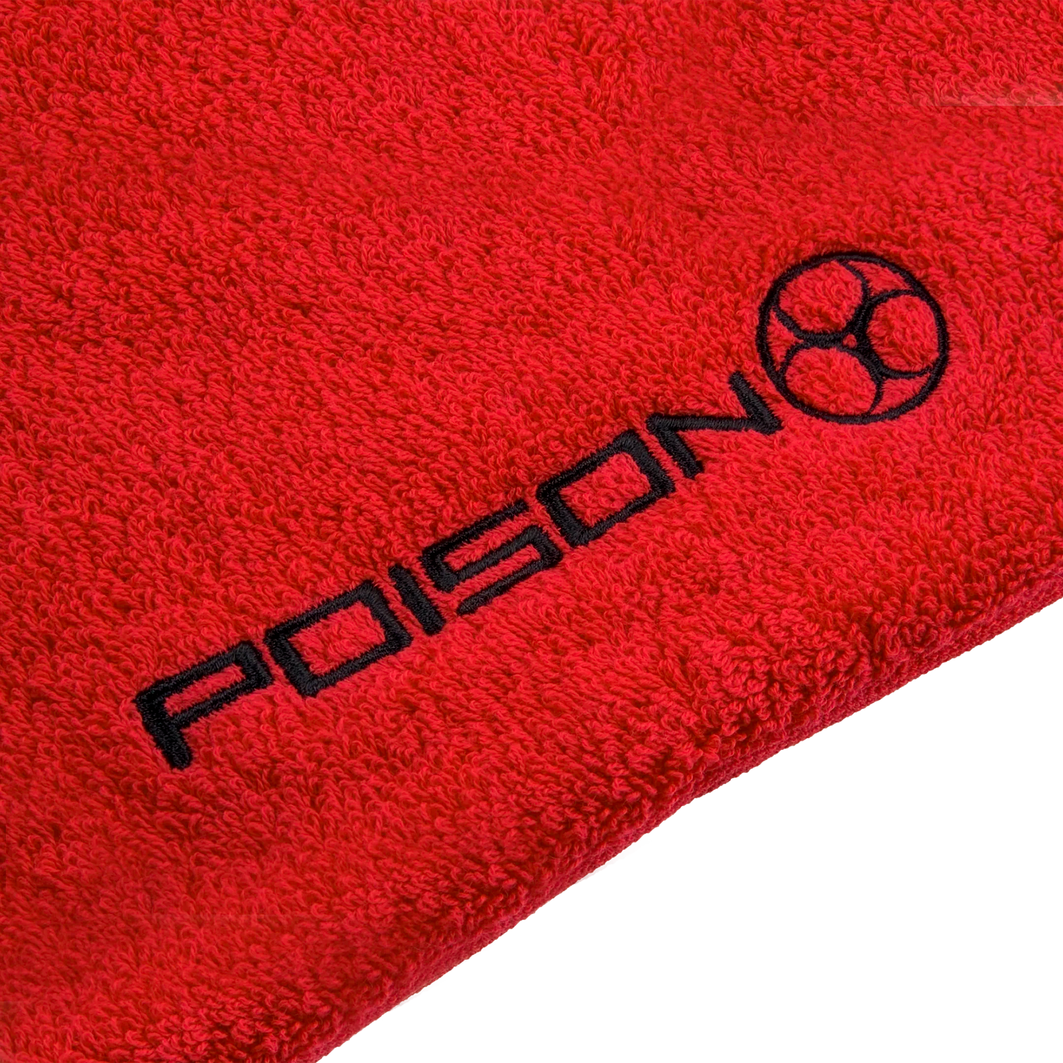 Red towel with black 'POISON' logo on a white background.
