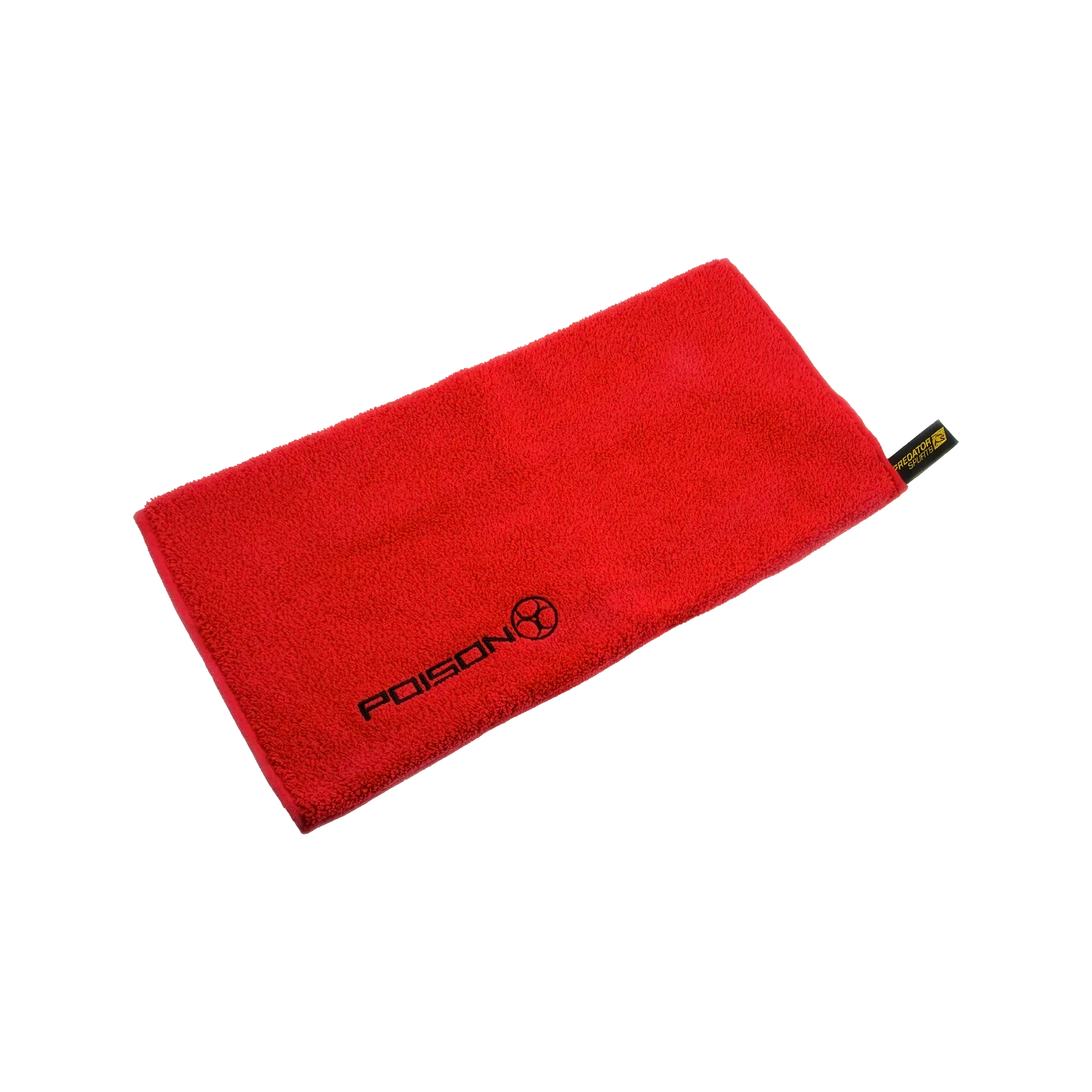 Red towel with black Poison logo on white background.