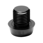 Black threaded metal cap with a logo on a white background.