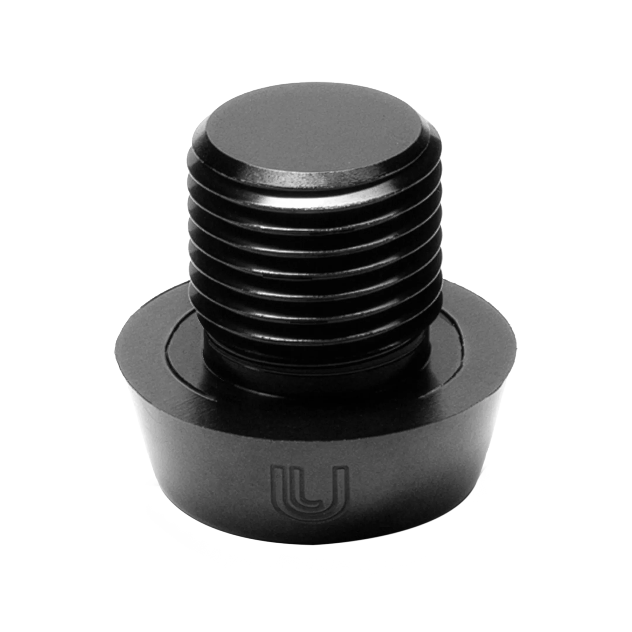 Black threaded metal cap with a logo on a white background.