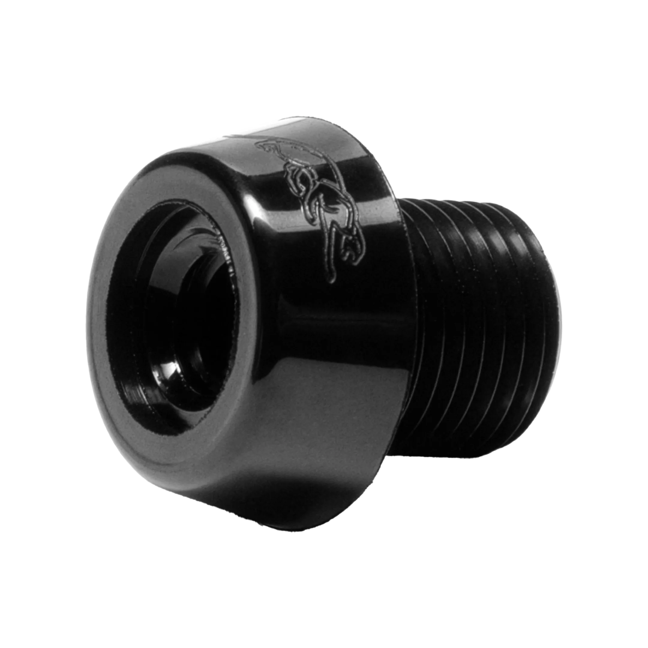 Black threaded pool cue bumper on white background.