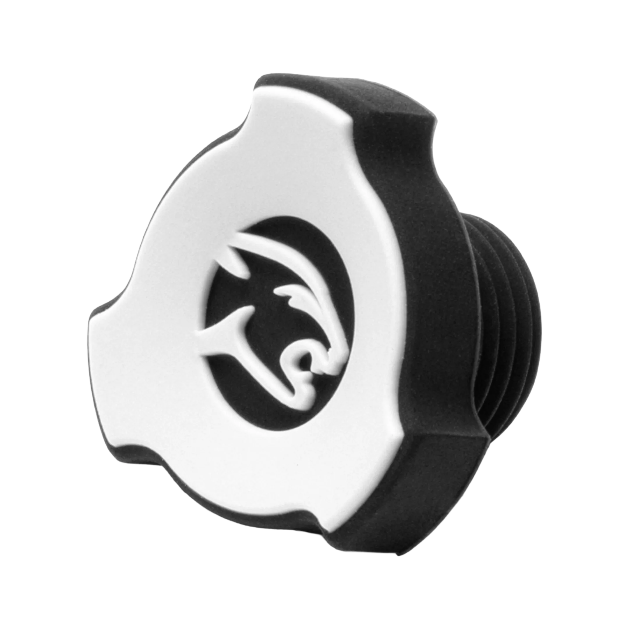 Black and white pool cue bumper with white Predator cat head logo.