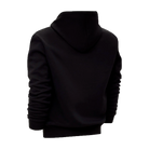 Back view of a black hoodie on a white background.