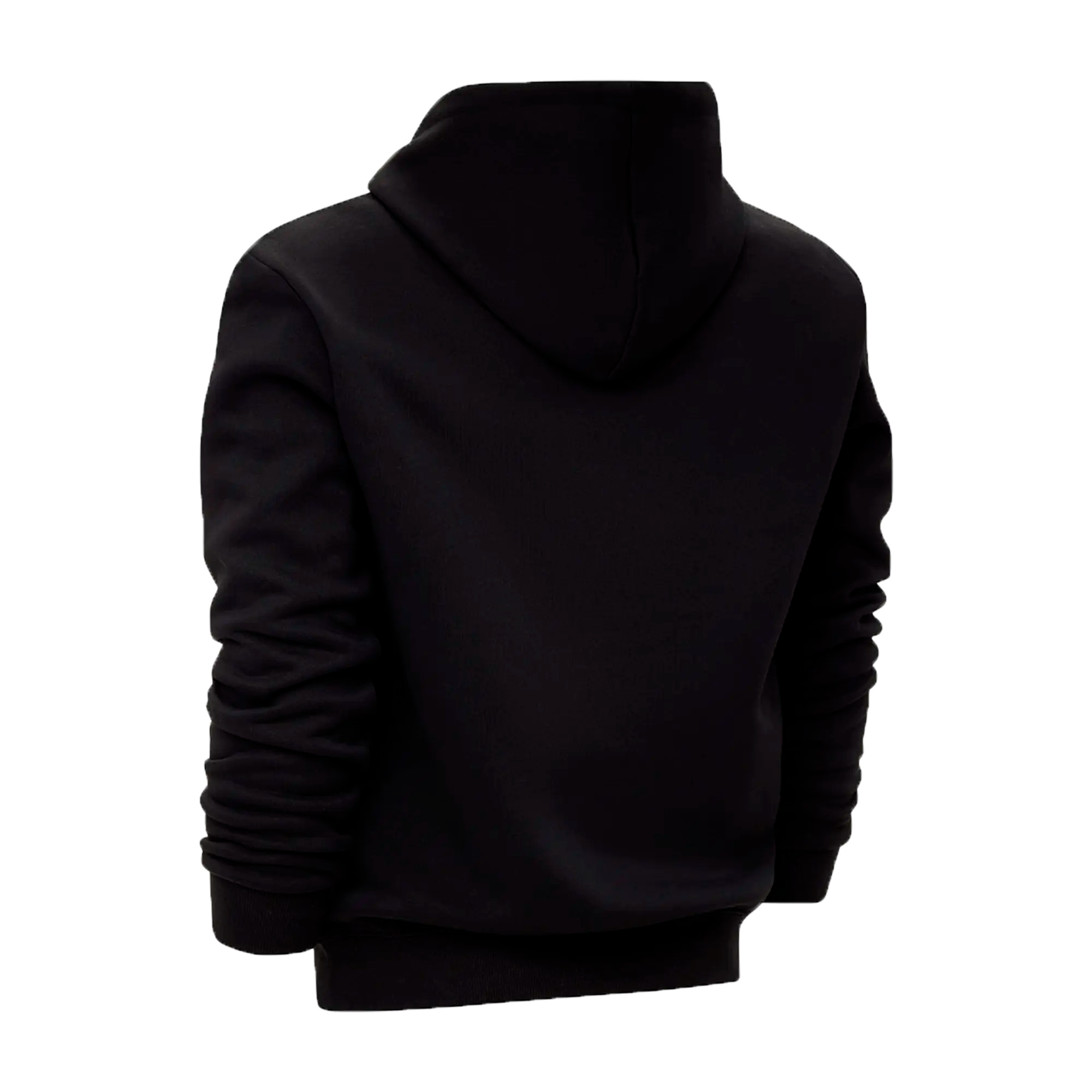 Back view of a black hoodie on a white background.