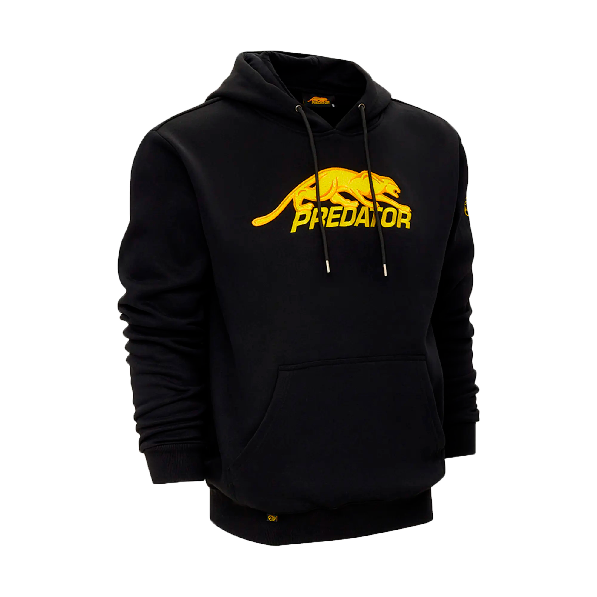 Black hoodie with gold Predator logo against a white background.