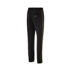 Black jogging pants with single yellow stripe and orange/yellow emblem on back pocket against a white background.