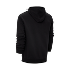 Back view of black hooded jacket on a white background.