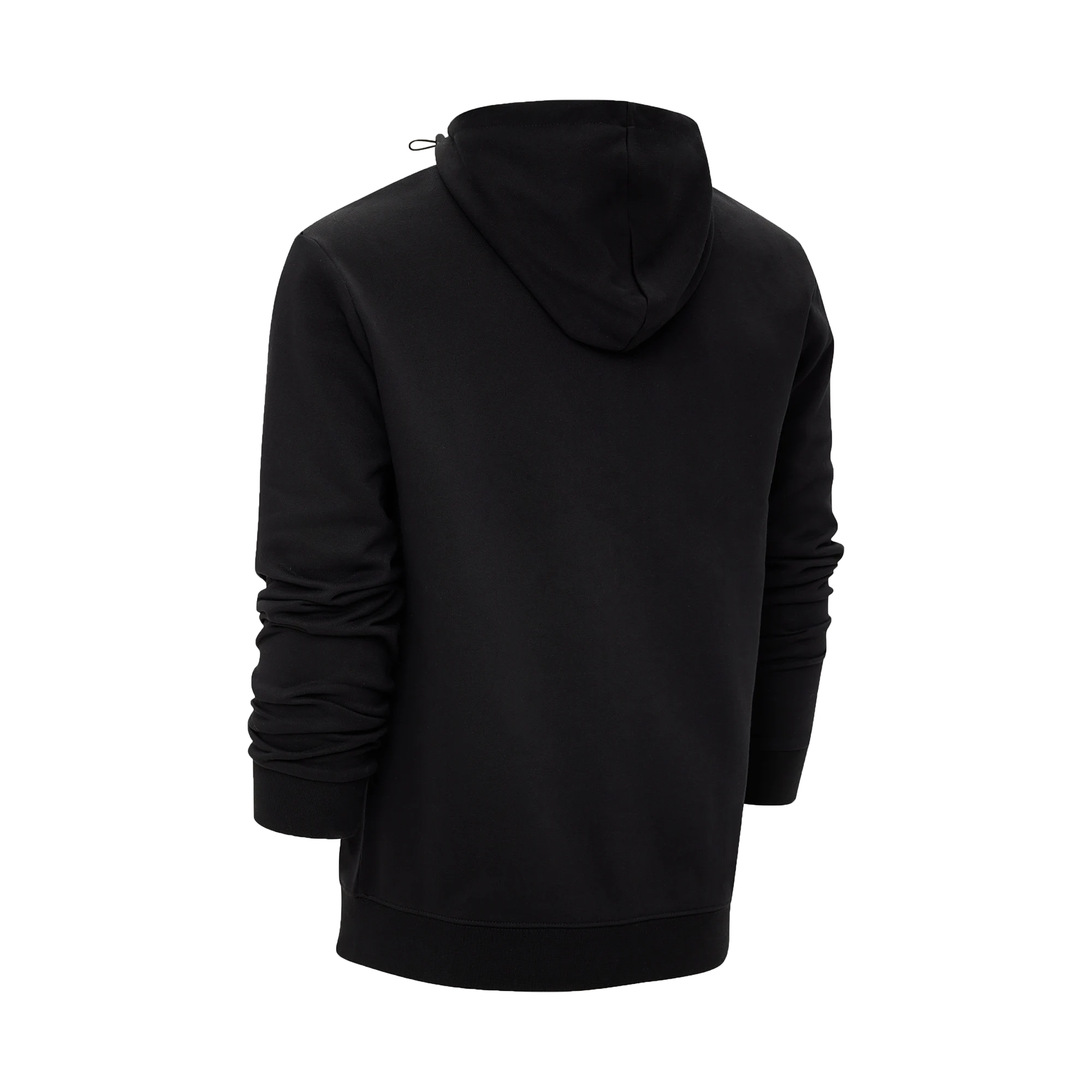 Back view of black hooded jacket on a white background.