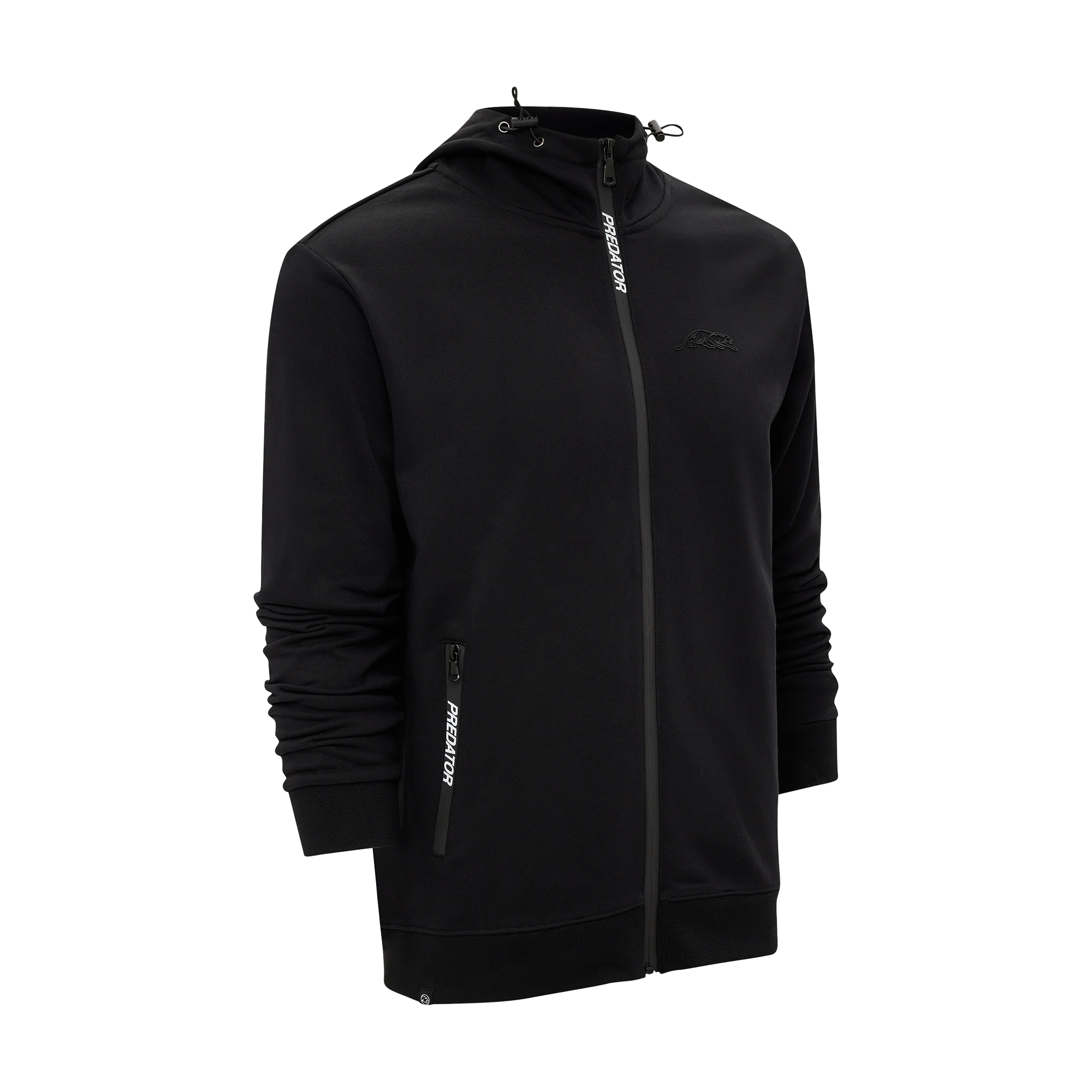 Black zip-up jacket with Predator on zipper and pocket trim against a white background.