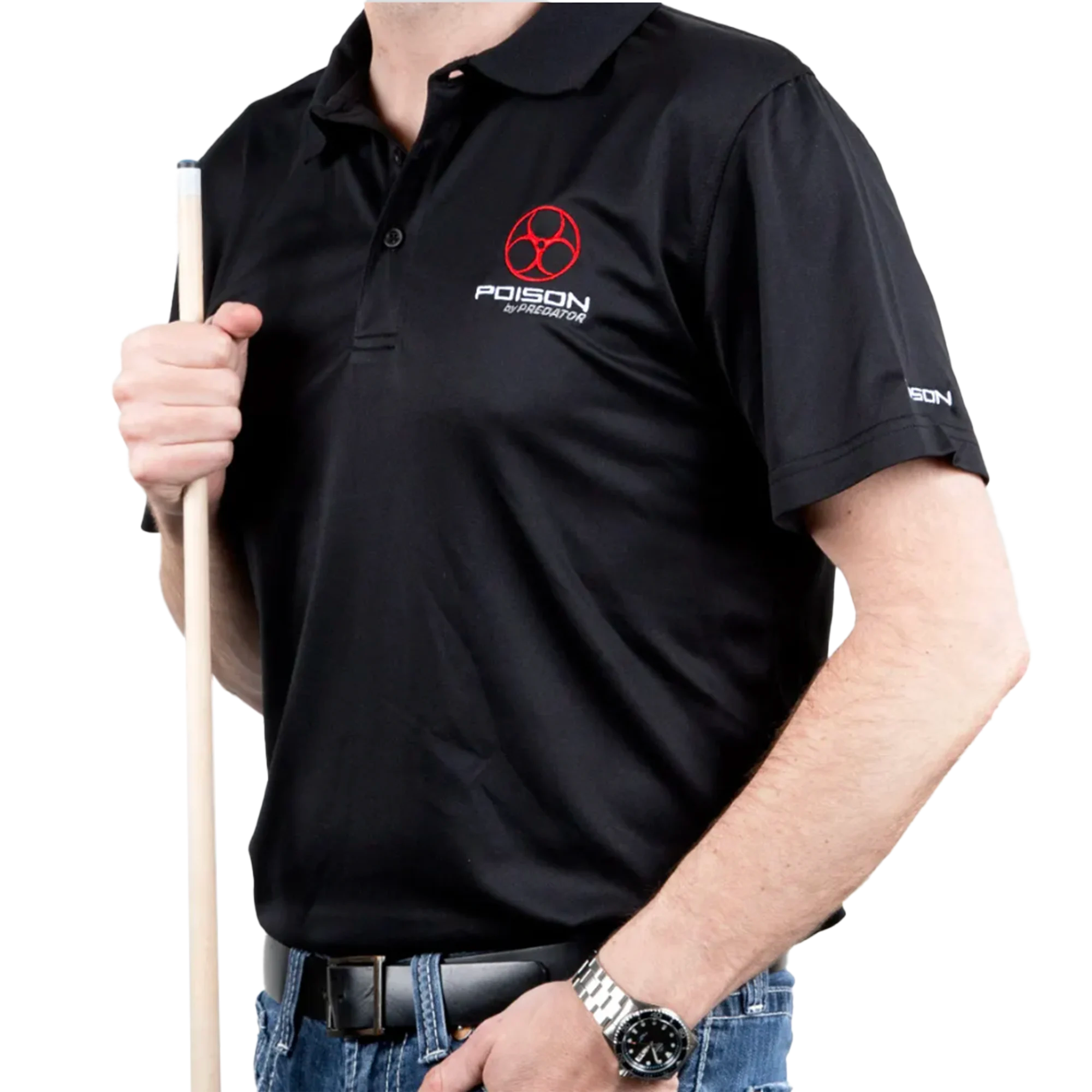Black polo shirt with red and white Poison by Predator logo on a white background.
