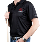 Black polo shirt with red and white Poison by Predator logo on a white background.