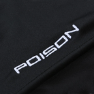 White embroidered Poison logo on black fabric background.