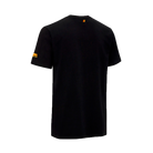 Back view of black t-shirt with a yellow logo on the sleeve