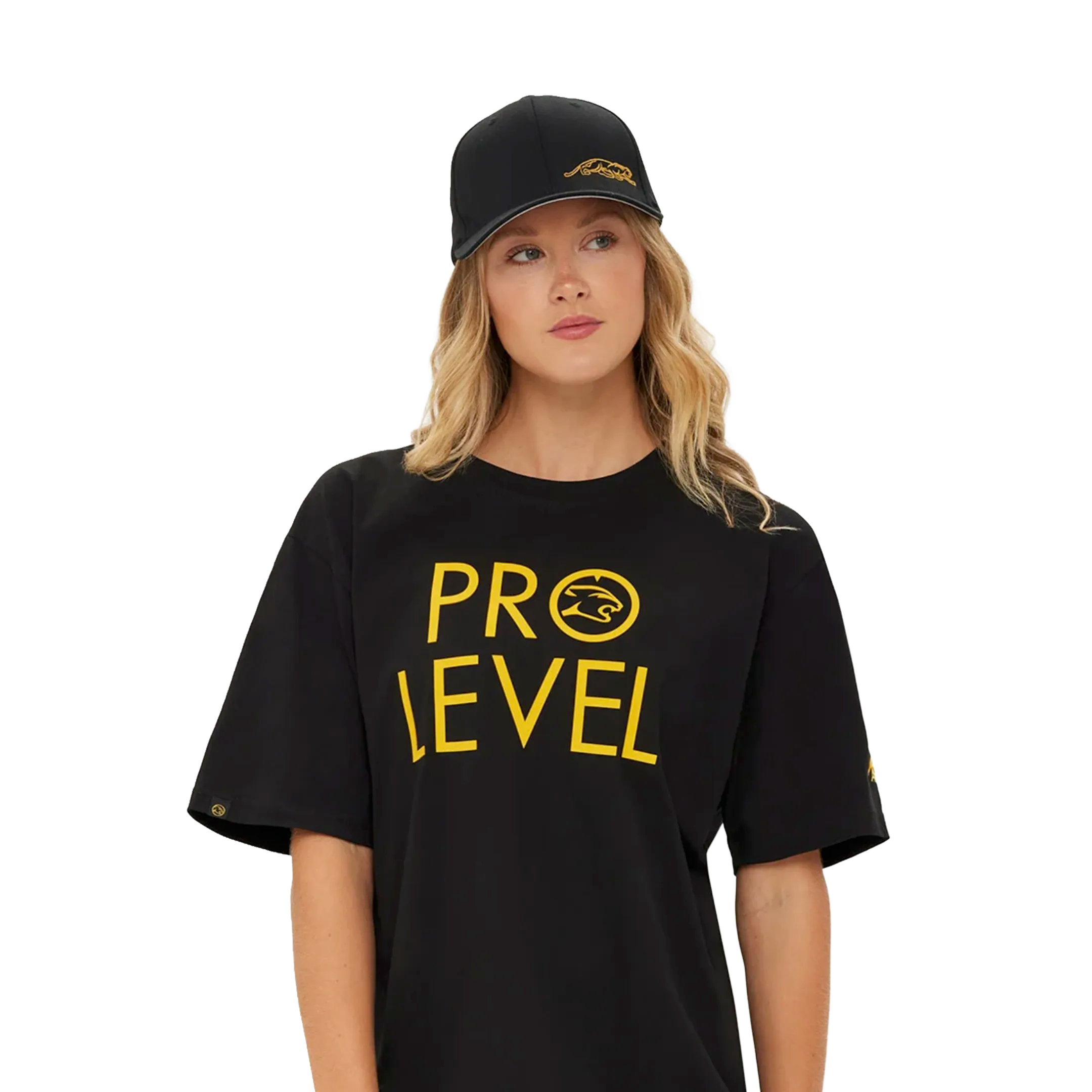Woman wearing a black 'PRO LEVEL' t-shirt and cap