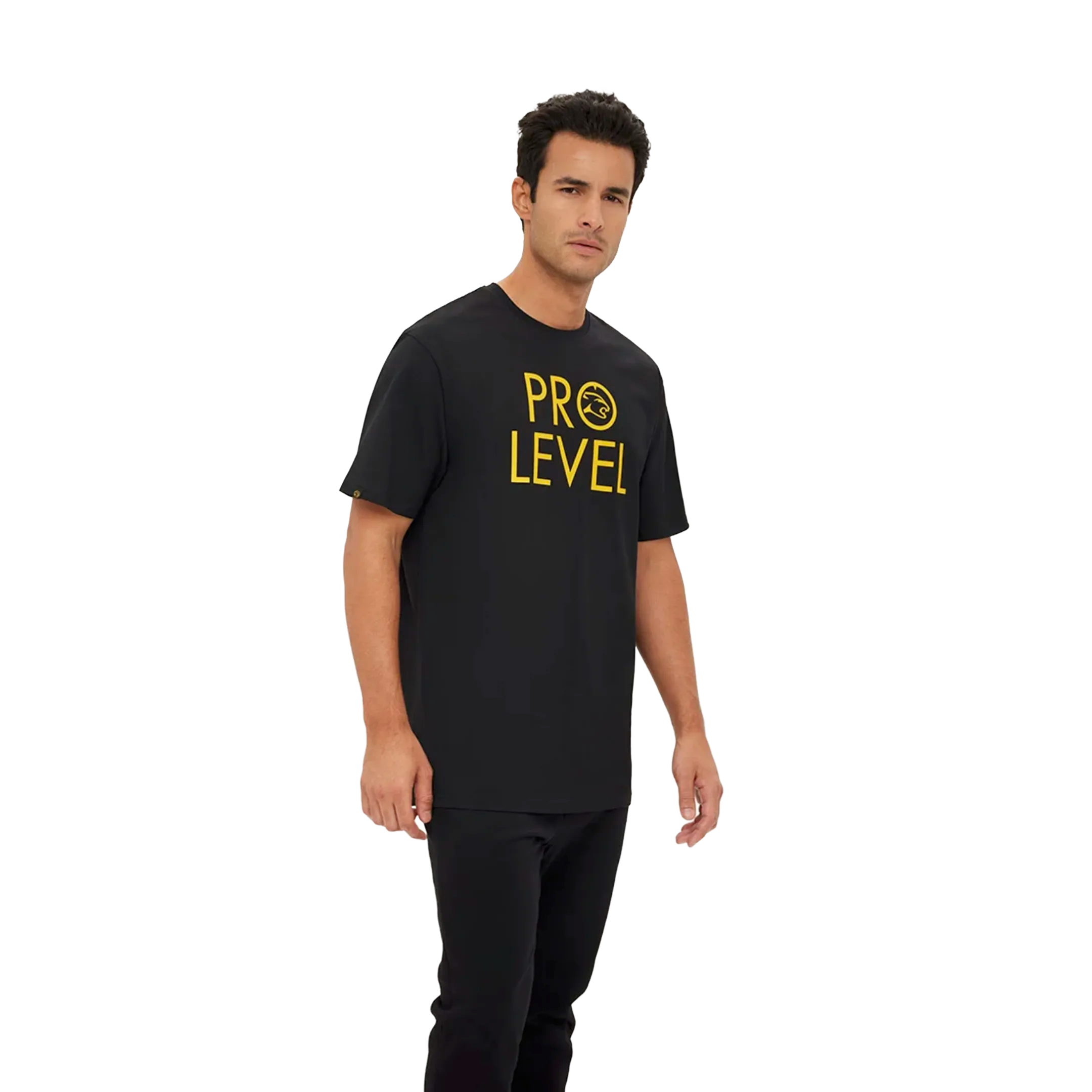 Man wearing a black t-shirt with 'PRO LEVEL' text