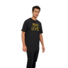 Man wearing a black t-shirt with 'PRO LEVEL' text
