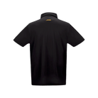 Back view of black polo shirt against a white background.
