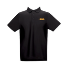 Black polo shirt with gold Predator logo against a white background.