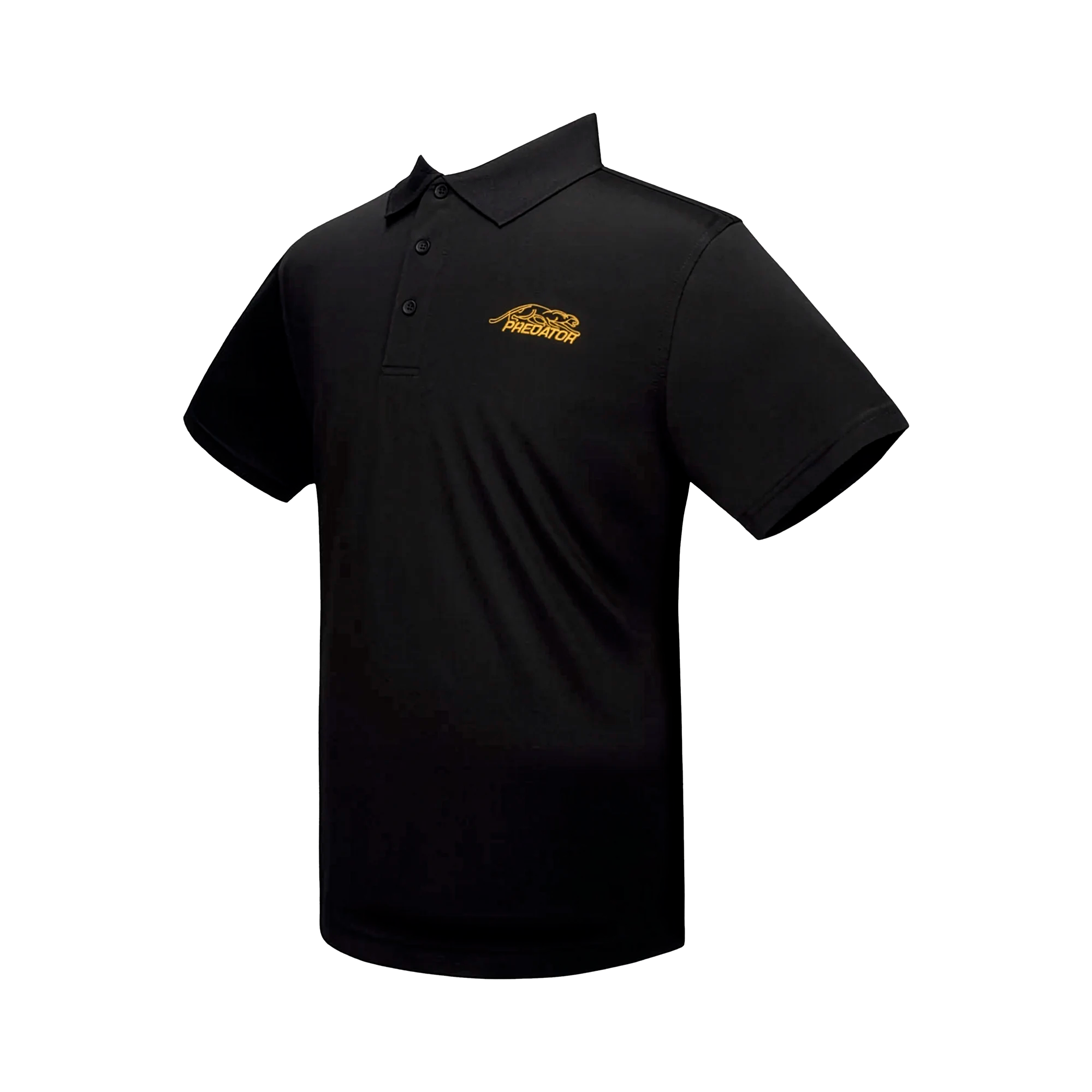 Black polo with gold Predator logo against a white background.