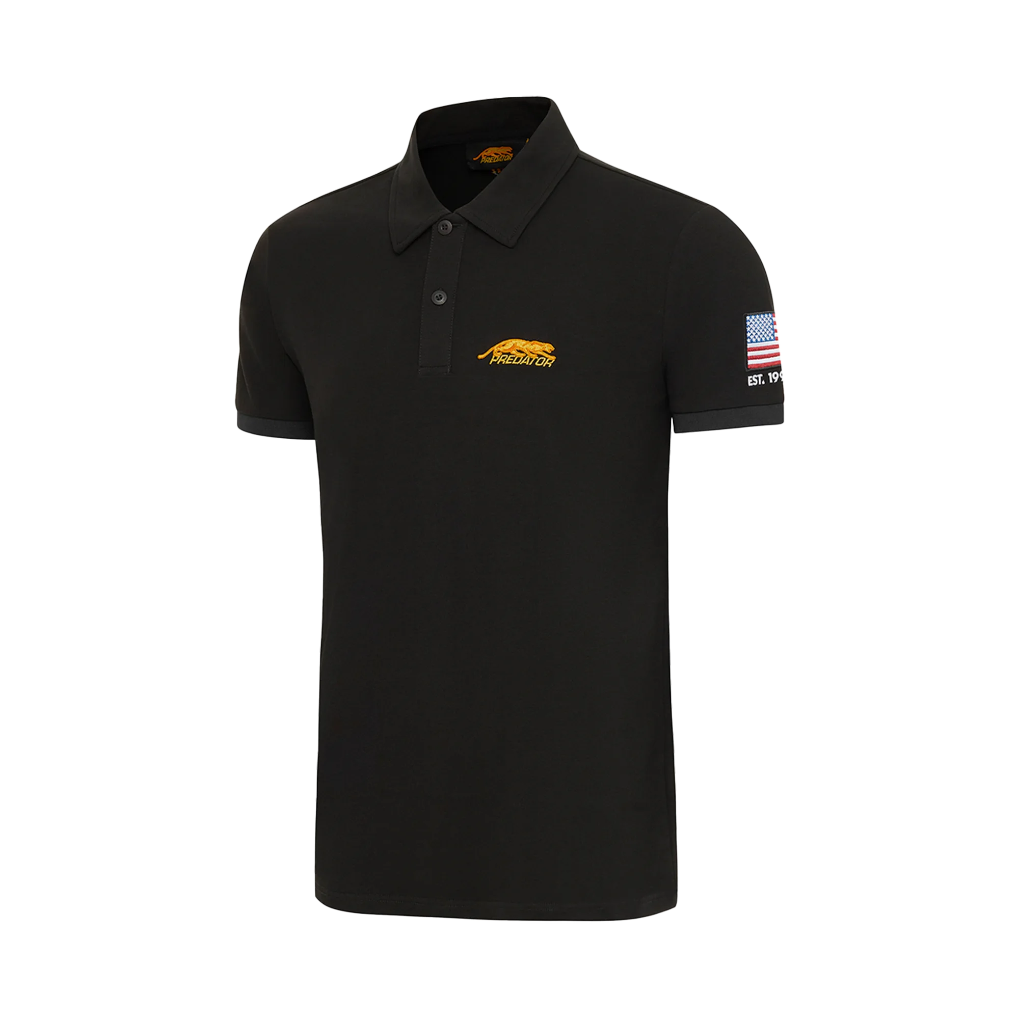 Black polo shirt with gold PREDATOR logo and United States flag on sleeve