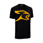 Black t-shirt with yellow cat head logo against a white background.