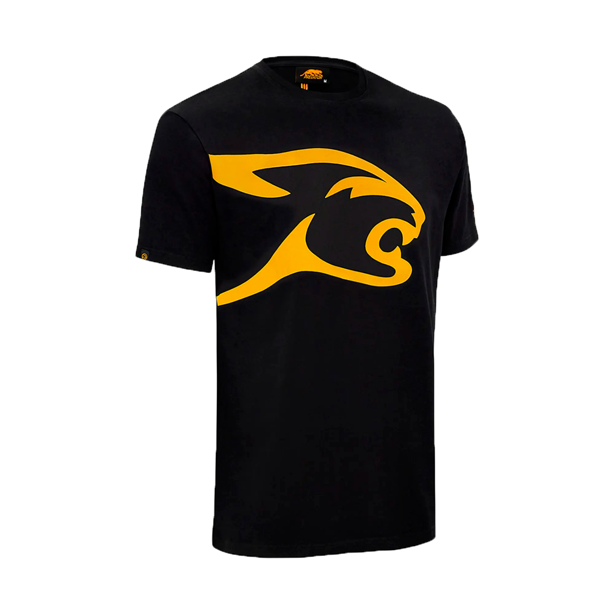 Black t-shirt with yellow cat head logo against a white background.