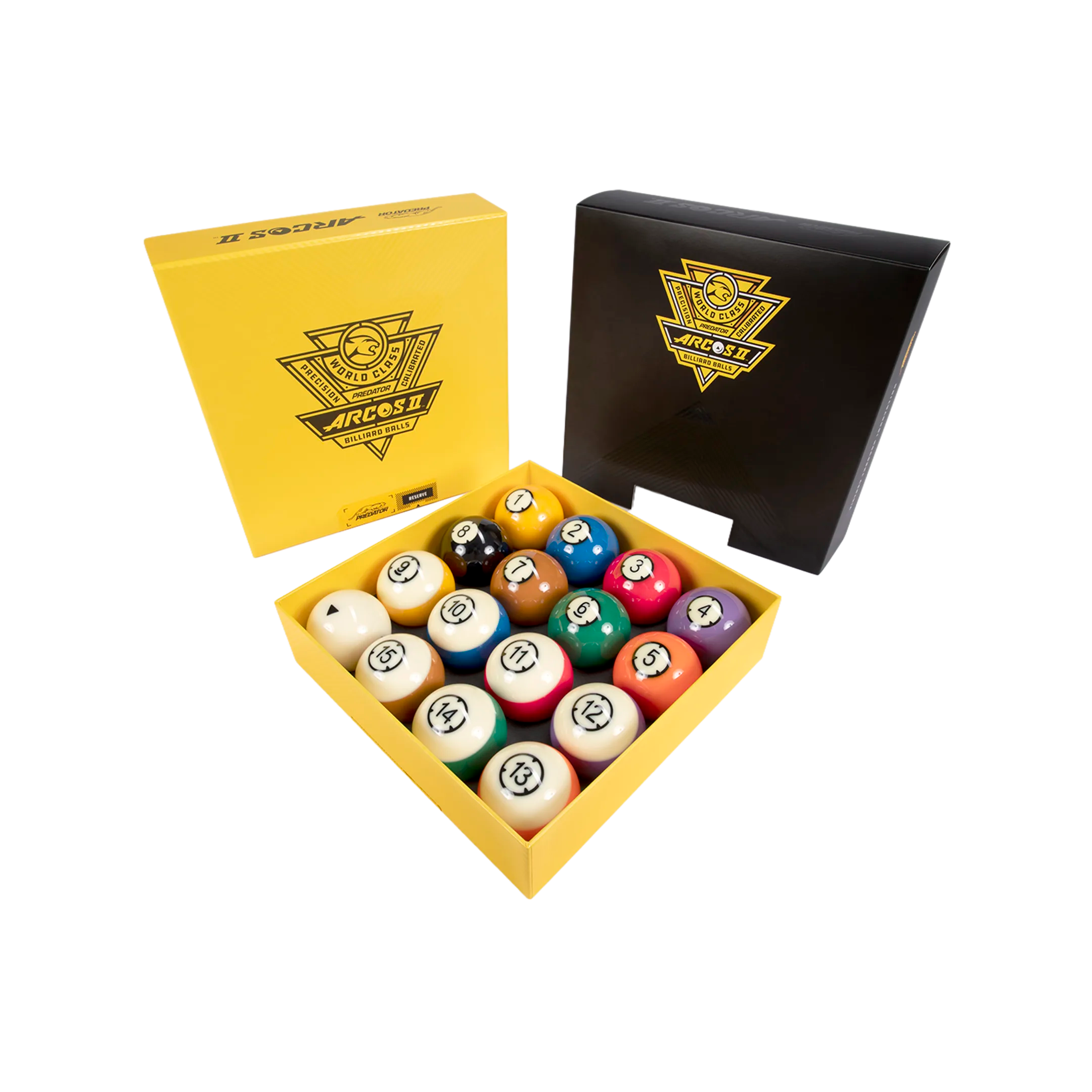 Set of billiard balls in a yellow box with a black lid