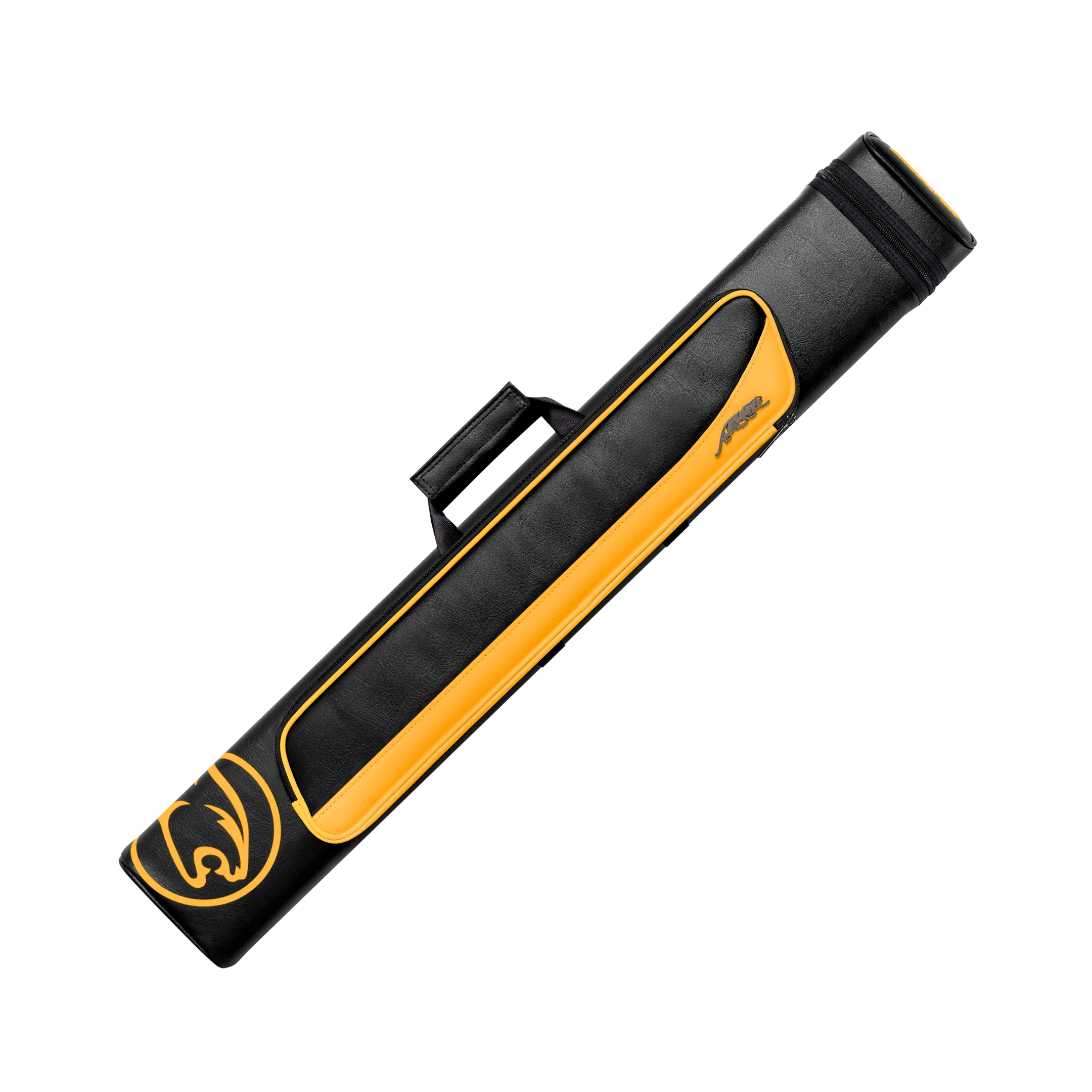 Black and yellow pool cue case with a cat head logo