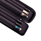 Unzipped black pool cue case containing pool cue butts and shafts