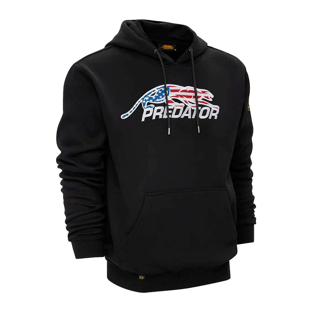 Black hoodie with 'Predator' logo featuring an American flag design