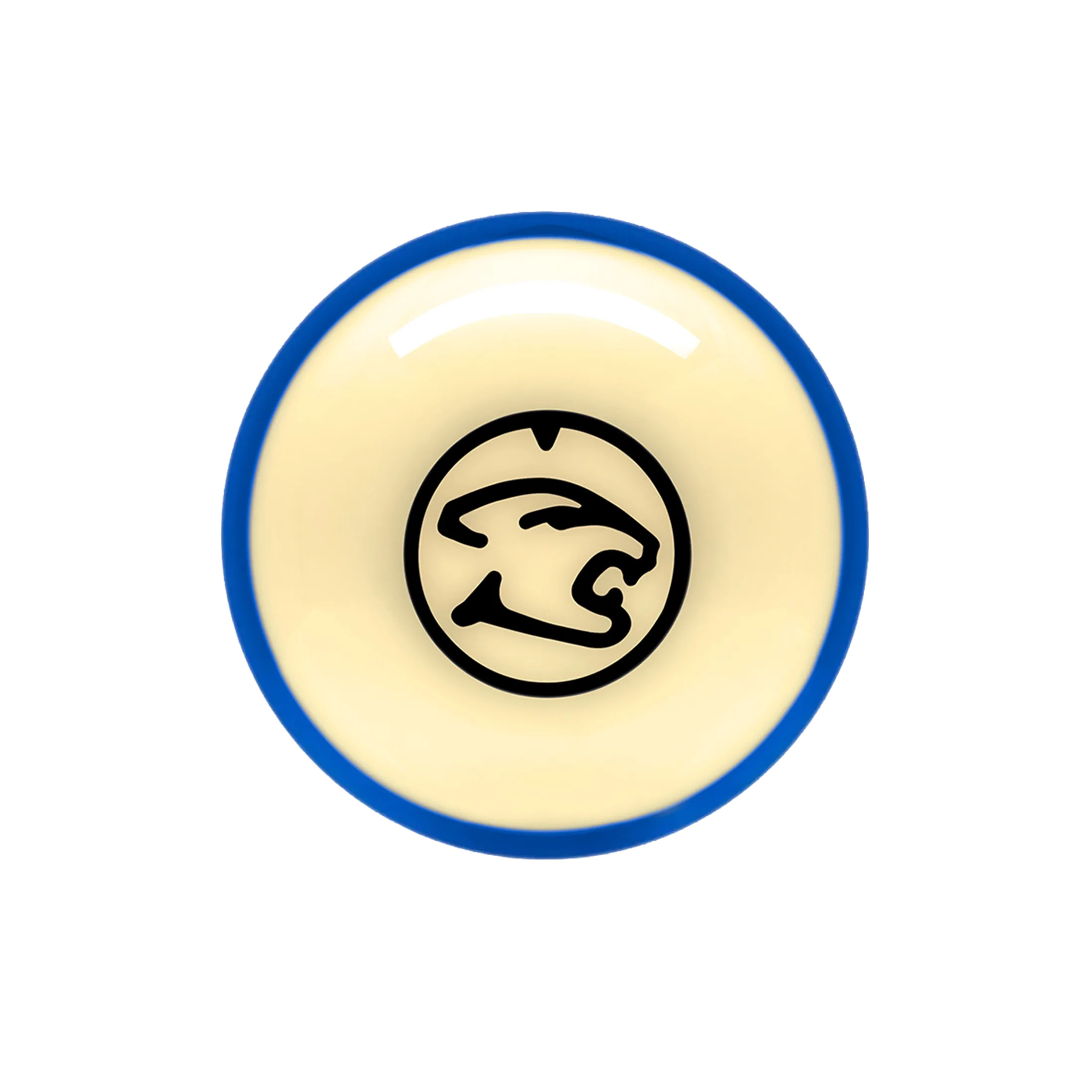 Blue and white billiard ball with black cat head logo