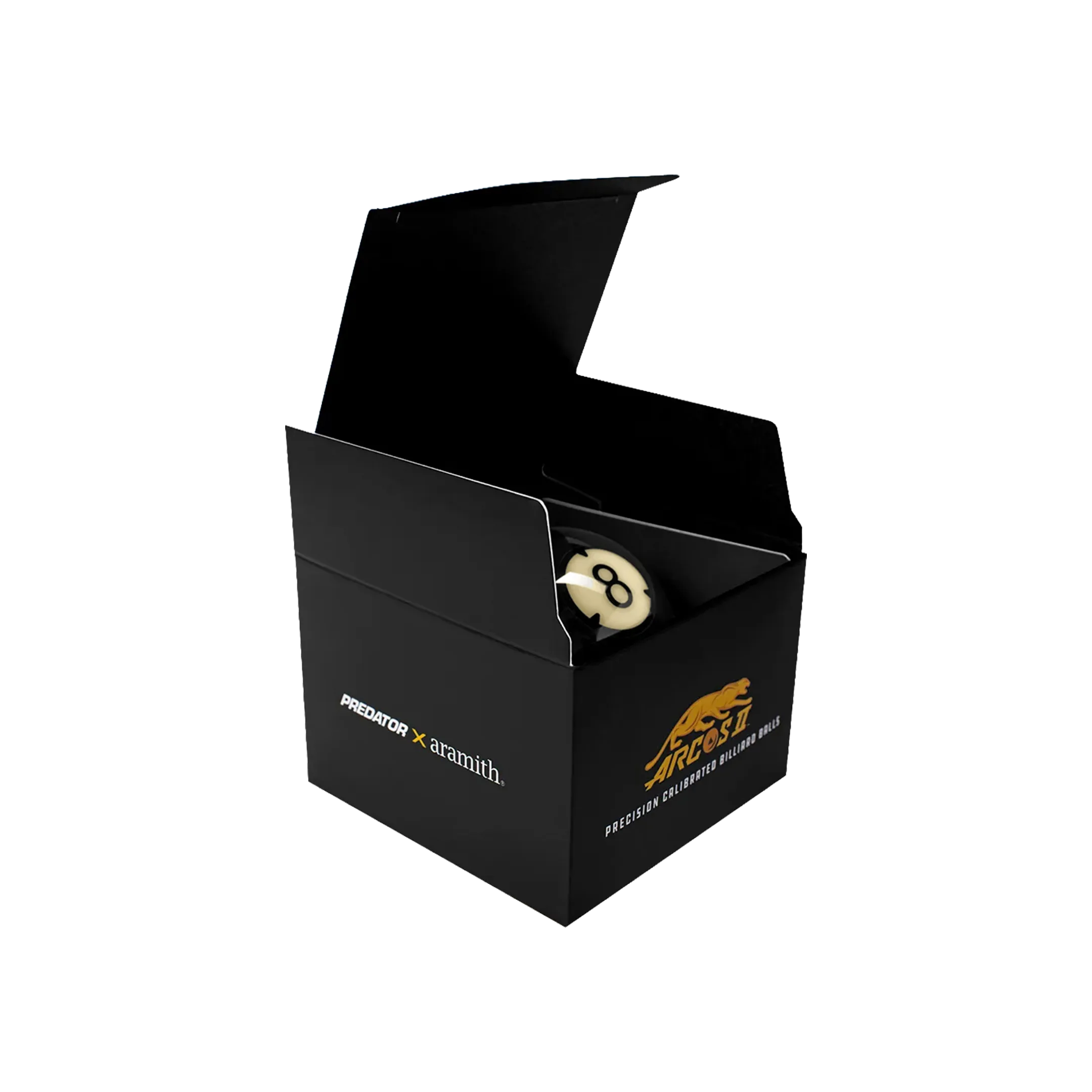 Black box with a billiard 8 ball with a PREDATOR x ARAMITH logo