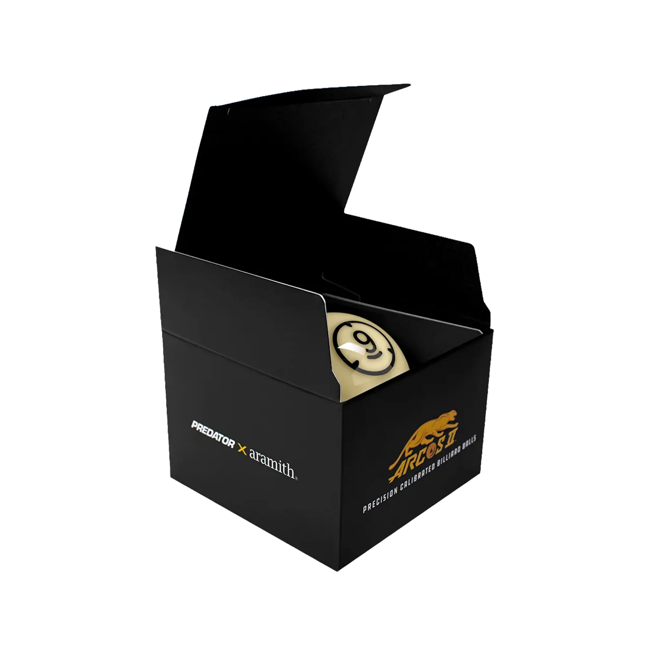 Black billiard ball box with PREDATOR x Aramith logo