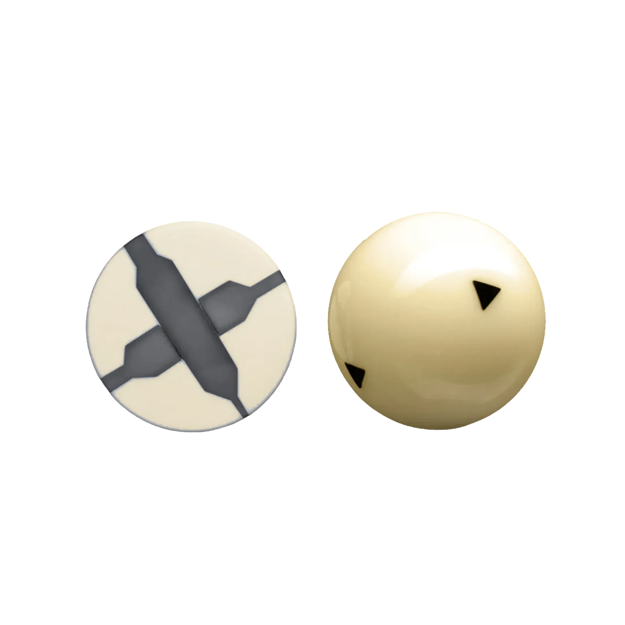 White cue ball with black triangles next to a cross section of a cue ball