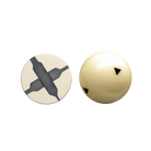 White cue ball with black triangles next to a cross section of a cue ball