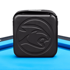 Black carrying case with a cat head logo on a blue pool table.