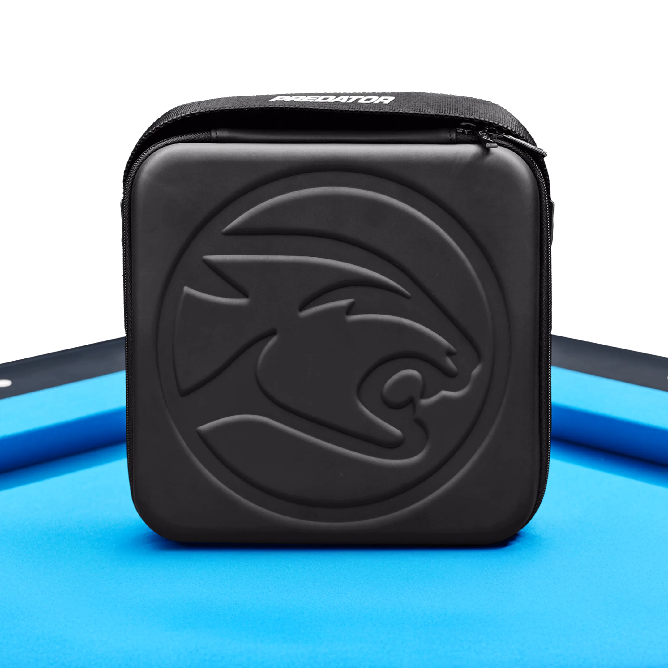 Black carrying case with a cat head logo on a blue pool table.
