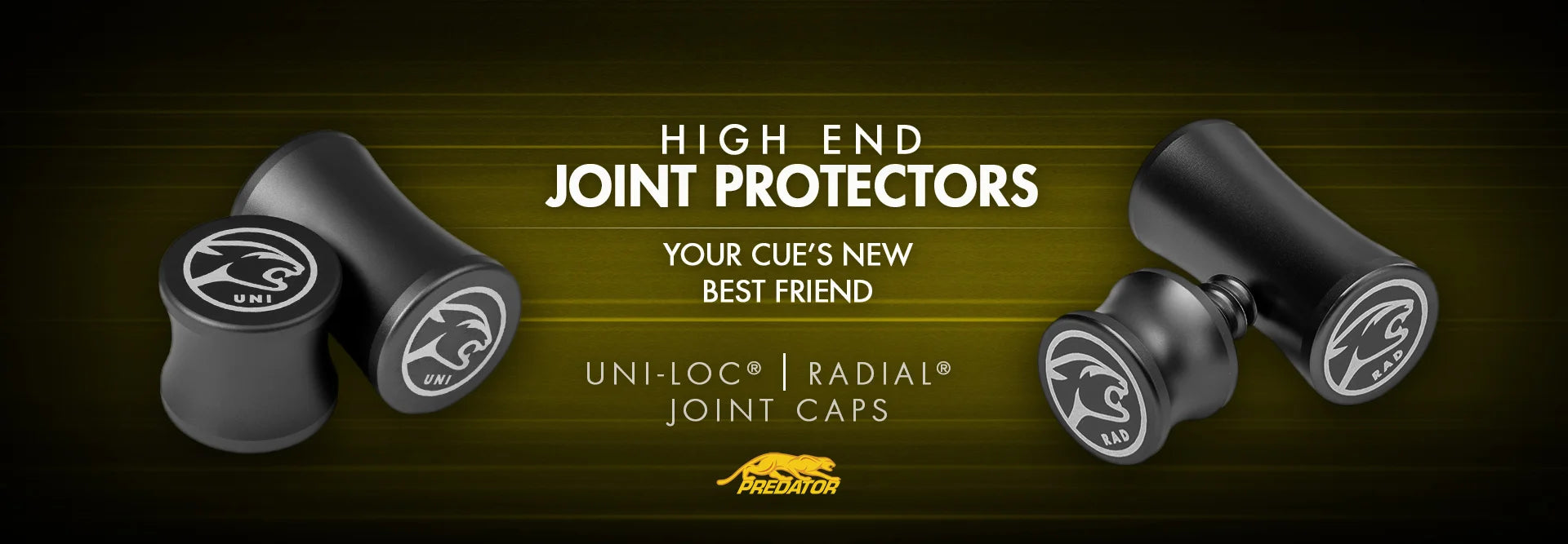 Image showing two sets of Predator high-end pool cue joint protectors for Uni-Loc and Radial joints. A tagline says "Your cue's new best friend".