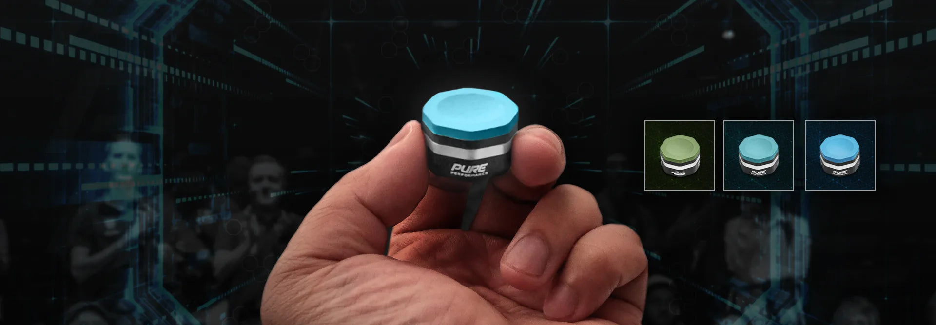 Hand holding a blue cue chalk