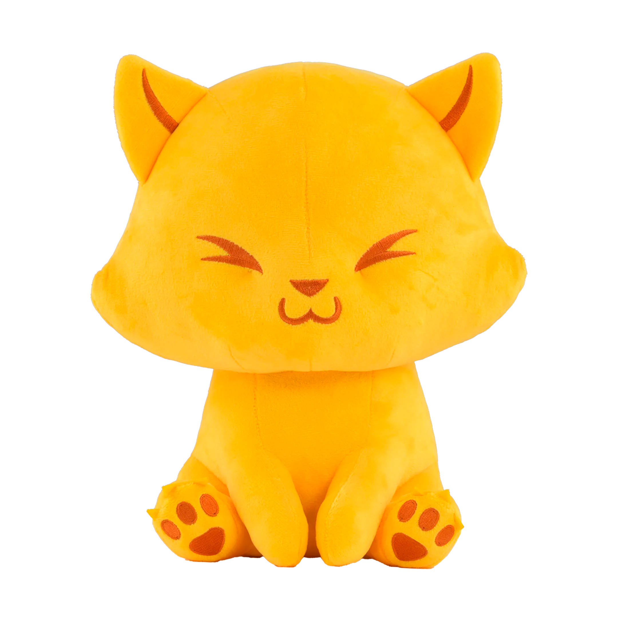 Yellow plush cat toy with a content expression on a white background.