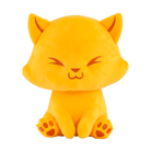 Yellow plush cat toy with a content expression on a white background.