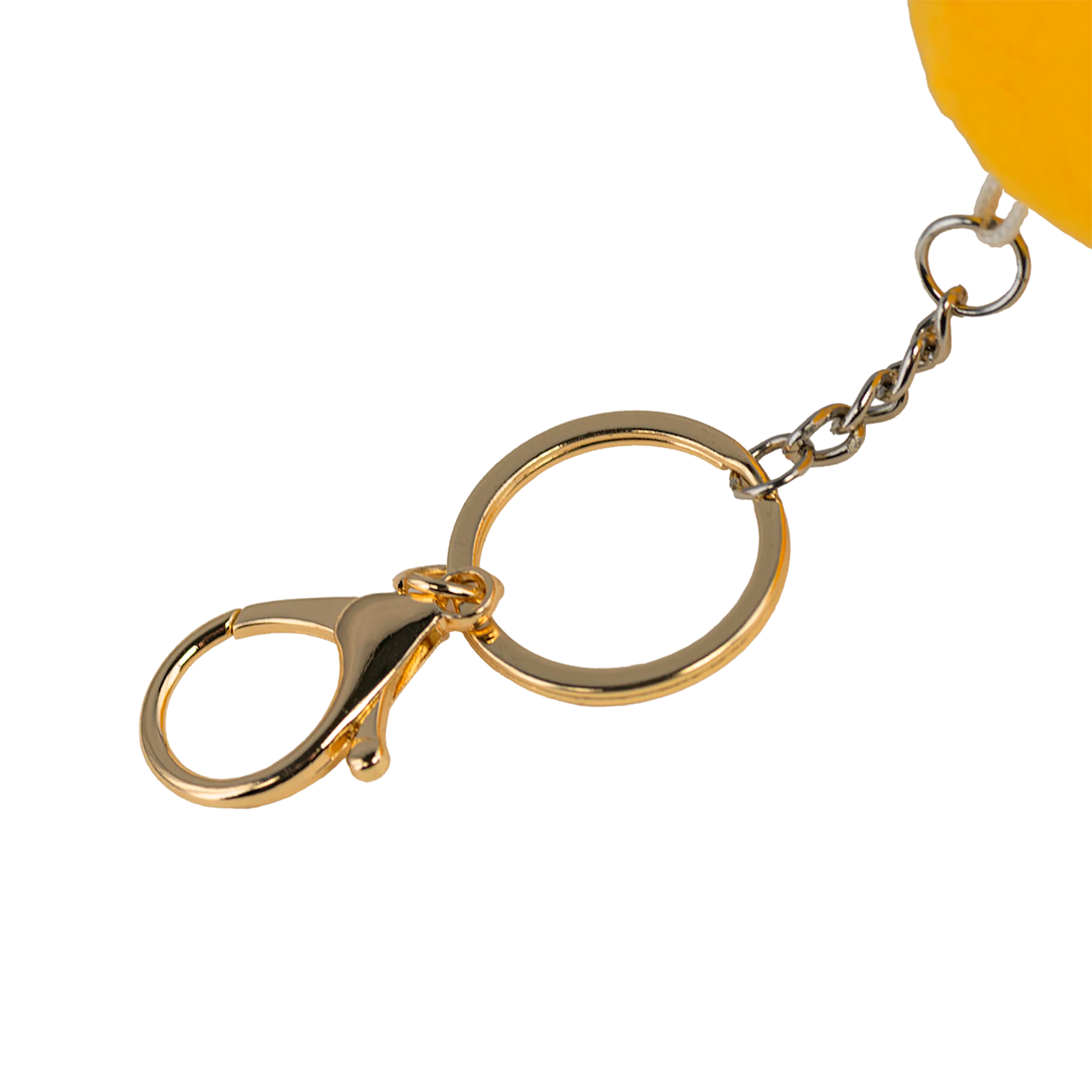 Gold keychain with a lobster clasp on a white background.