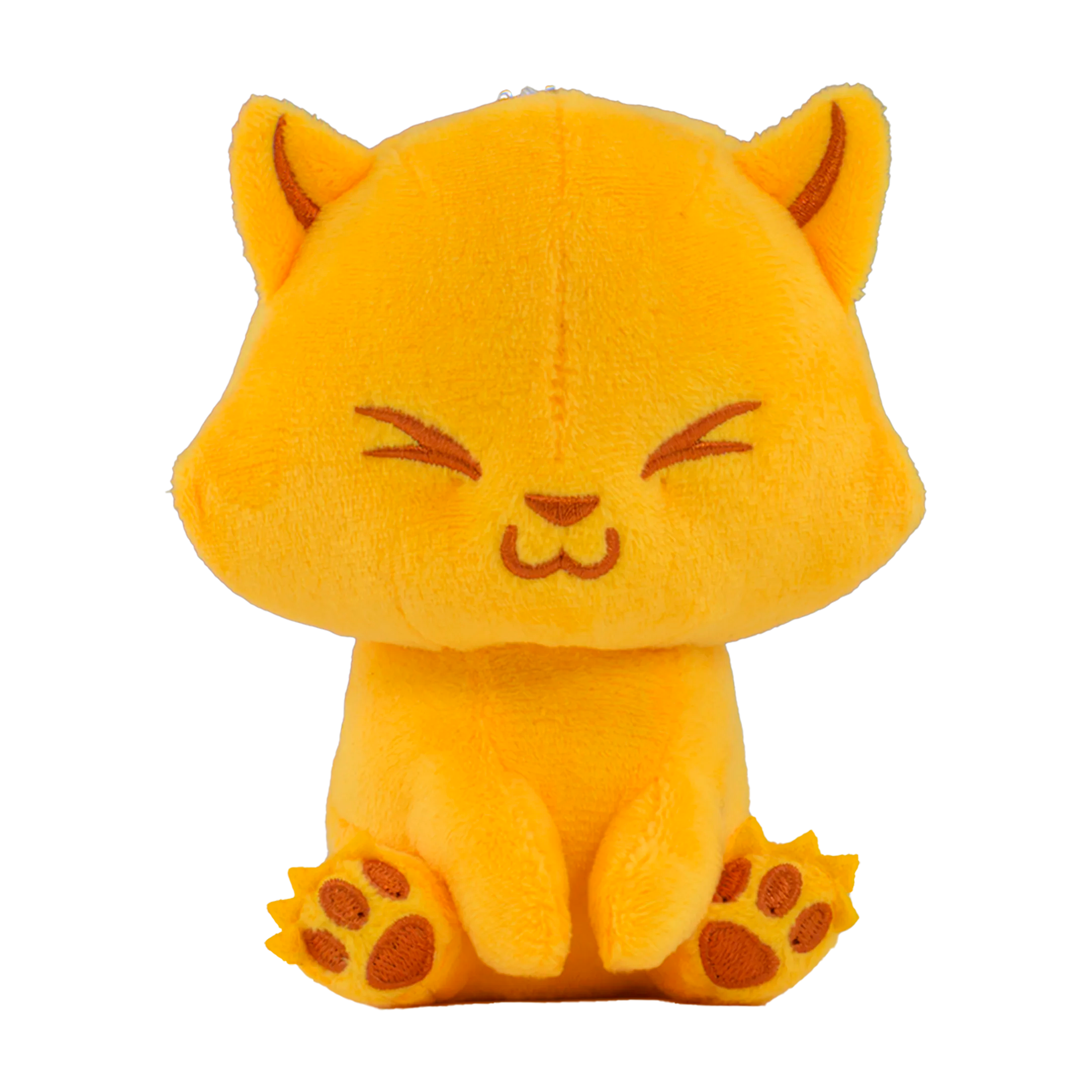 Yellow plush cat toy keychain with closed eyes on a white background.